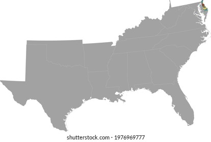 vector illustration of Map of US federal state of Delaware with state flag inside the map of South region of USA