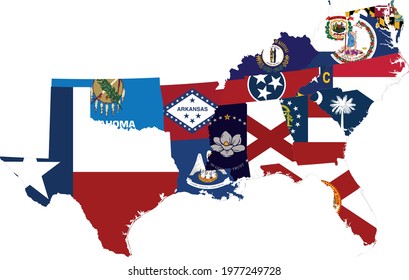 vector illustration of Map of US federal states with state flag of South region of USA