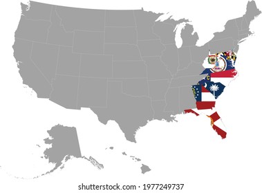 vector illustration of Map of US federal states with state flag of South Atlantic region inside the map of United States of America