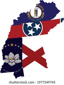 vector illustration of Map of US federal states with state flag of East south central region of USA