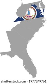 vector illustration of Map of US federal state of Virginia with state flag inside the map of South Atlantic region of USA