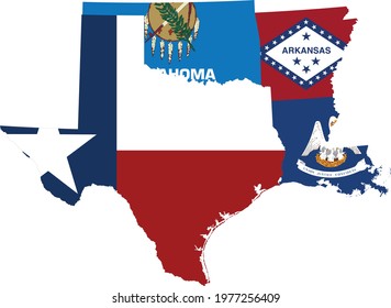 vector illustration of Map of US federal states with state flag of West south central region of USA