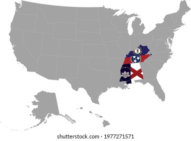 vector illustration of Map of US federal states with state flag of East South Central region inside the map of United States of America