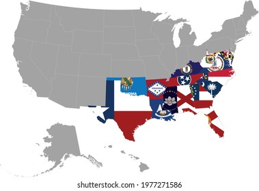 vector illustration of Map of US federal states with state flag of South region inside the map of United States of America