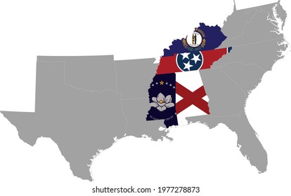 vector illustration of Map of US federal states with state flag of East South Central region inside the map of South region of USA