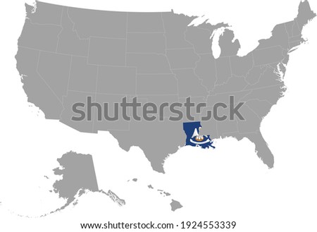 vector illustration of Map of US federal state of Louisiana with state flag on gray USA map