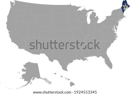 vector illustration of Map of US federal state of Maine with state flag on gray USA map