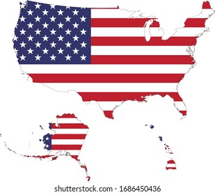 vector illustration of Map of USA with Alaska and Hawaii with national flag