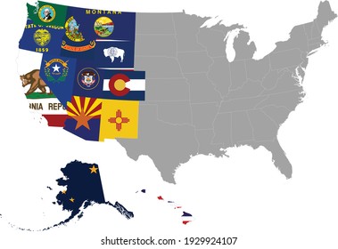 Vector Illustration Of Map Of Western Region Of US With Federal State With State Flag Inside The Map Of United States Of America