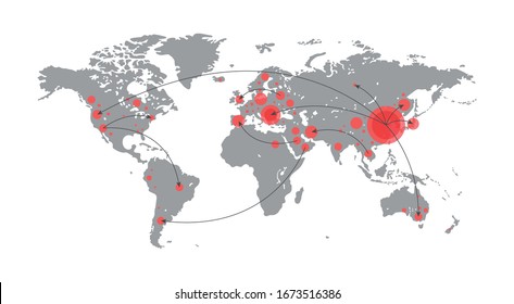 Vector illustration of the map of the world with chart spread of Coronavirus. Template for infographics about Covid-19. Virus and epidemic diagram.