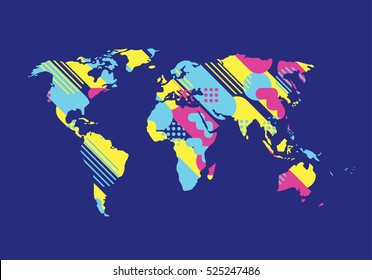 vector illustration. map of the world in the style of the 80's design geometry graphic style of Memphis.