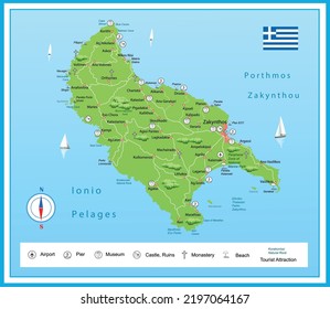 Vector illustration map of Zakynthos island in Greece
