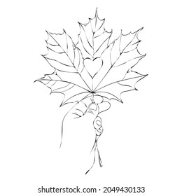 Vector illustration of a maple leaf. Hand drawing. Maple leaf in human hand print. Autumn element for composition.