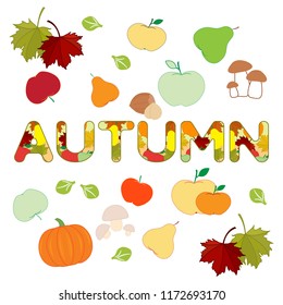 Vector illustration with maple leaves, apples, mushrooms, pears, nuts, brussels sprouts, pumpkin and autumn inscription. Harvest festival. Thanksgiving Day.