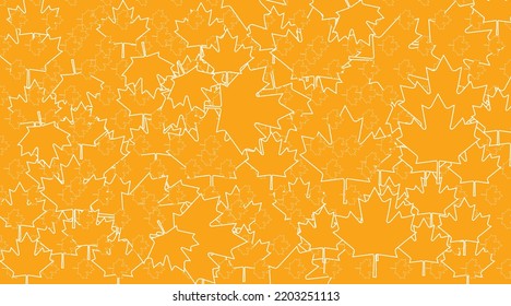 Vector illustration with maple leaves. Autumn orange color. Orange colors with a white outline on an orange background. Wallpaper folded into a desktop. Autumn vibes, autumn, autumn colours. 