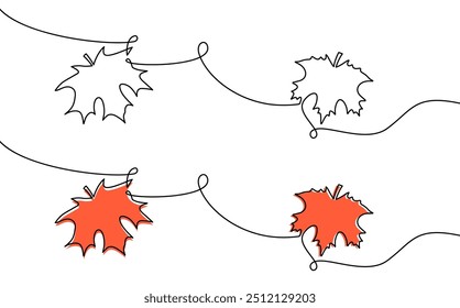 Vector illustration of maple leaves in continuous line art, featuring black outlines and orange accents, creating a dynamic autumn design.