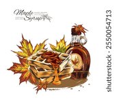 Vector illustration of maple syrup bottle with autumn leaves and waffles. Sweet syrup for desserts. Hand drawn icon for labels and cards. Engraved style. Poster with space for text.