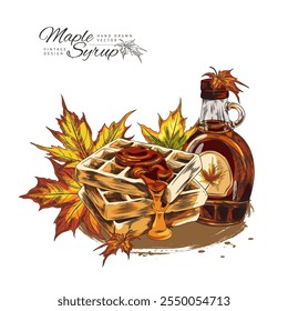 Vector illustration of maple syrup bottle with autumn leaves and waffles. Sweet syrup for desserts. Hand drawn icon for labels and cards. Engraved style. Poster with space for text.