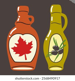 Vector illustration of maple syrup and olive oil bottles in line drawing style, simple minimalist, for culinary themes, cooking food packaging kitchen decor, healthy eating, organic product concepts