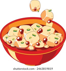 A vector illustration of mapo tofu served in a bright red bowl garnished with spring onion