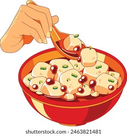 A vector illustration of mapo tofu served in a bright red bowl garnished with spring onion scooped out with a spoon