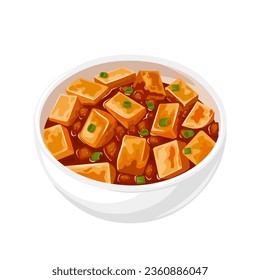 Vector illustration, mapo tofu in a white bowl, popular Chinese dish, isolated on white background.