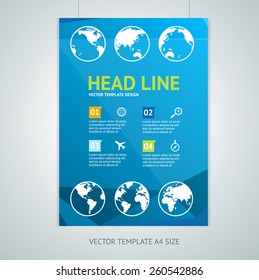 Vector illustration maps on a blue background, brochure flyer design templates  in A4 size. Tourism, travel Services Concept.
