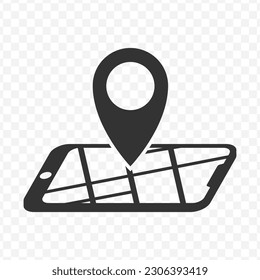 Vector illustration of maps on smartphones icon in dark color and transparent background(png).