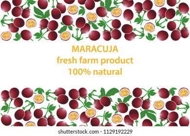 vector illustration of maracuja and leaf design background white and fruit and text fresh farm product 100% natural EPS10