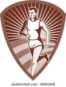 vector illustration of a Marathon athlete sports runner with sunburst and set in shield done in retro style.