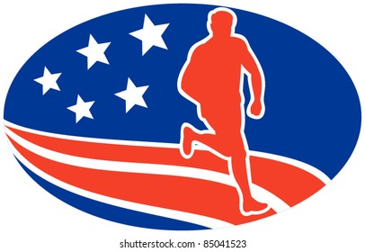 vector illustration of a illustration of a Marathon road runner jogger fitness training road running with American stars and stripes in background inside oval