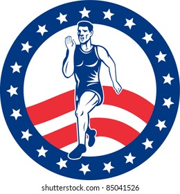 Vector Illustration Of A Illustration Of A Marathon Road Runner Jogger Fitness Training Road Running With American Stars And Stripes In Background Inside Circle