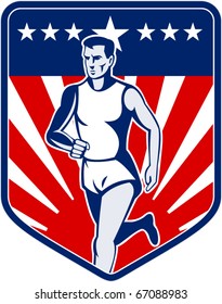 vector  illustration of a Marathon runner done in retro style with american flag stars and stripes and sunburst in shield background