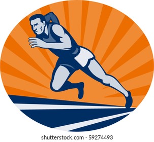 vector illustration Marathon runner on track with sunburst viewed from an extremely low angle.