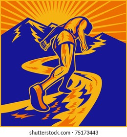 Vector Illustration Of A Marathon Runner Running On Road With Mountains In Background Done In Retro Woodcut Style Viewed From A Low Angle