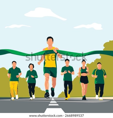 Vector illustration of marathon runners crossing the finish line. Group of people running outdoors, symbol of teamwork, fitness, competition, and healthy lifestyle.