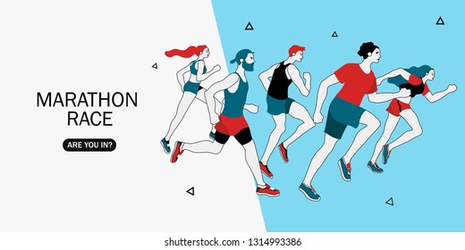 Vector illustration of marathon running group of men and women. Creative landing page and web banner design concept.