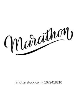 Vector illustration of Marathon text for sport poster/ card/ banner. Handwritten sport calligraphy Marathon tag/ badge/ logotype template. Lettering typography illustration for running