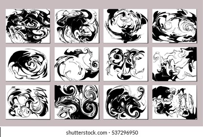Vector illustration of marbling patterns. Black and white inky backdrops set.