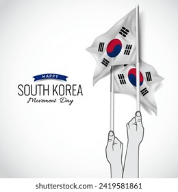 Ilustración vectorial del Día del Movimiento 1 de Marzo en Corea del Sur. Cartel de la celebración. Manos con banderas.
