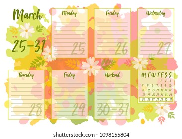 Vector illustration of March 2019 Weekly planner with abstract spring background. For print notebooks, format A5. Cute page for notes. Daily planner 2019 calendar for companies and private use.