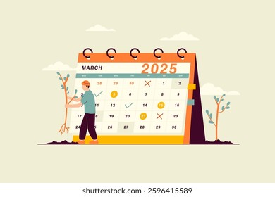 Vector illustration of March 2025 calendar against the backdrop of spring atmosphere and a man planting young trees. Monthly calendar. Desk yearly calendar with a dividing grid and space for notes.