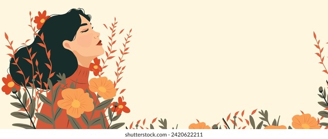 Vector illustration of March 8, girl in flowers, place for text on International Women's Day. Feminism concept, women empowerment, gender equality