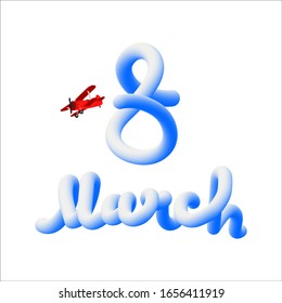 Ilustración vectorial de la tarjeta de felicitación del 8 de marzo.Feliz Día Internacional de la Mujer. Diseño de fondo con ilustración de avión rojo y nubes azules.