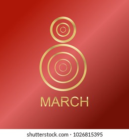 Vector illustration. March 8, International Women's Day. Congratulations on the holiday. Gold metal number 8, consisting of decreasing circles on a red background with a gradient.