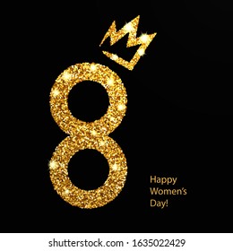 Vector illustration. March 8. International women day. Gold glitter crown. Design template for greeting cards, banners, posters, advertising.