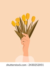 Vector illustration. March 8, International Women's Day, female power, card design, banner, poster, tulips. Modern design. Hand holds flowers.