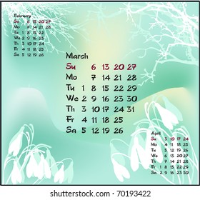 Vector illustration of March with branches and snowdrop (galanthus)