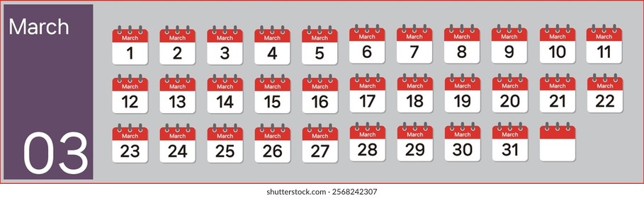 Vector (Illustration) of March calendar made with numbers in the shape of icons