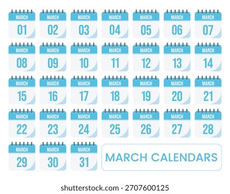 Vector illustration of march calendar page icons showing thirty one day layout